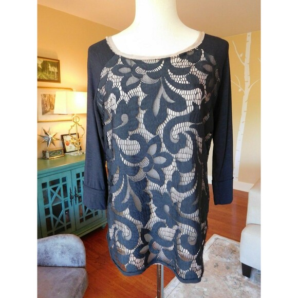 Anthropologie DOLAN Black Lace Filigree 3/4 Sleeve Rayon/Spandex T-Shirt SZ SM - Picture 2 of 8